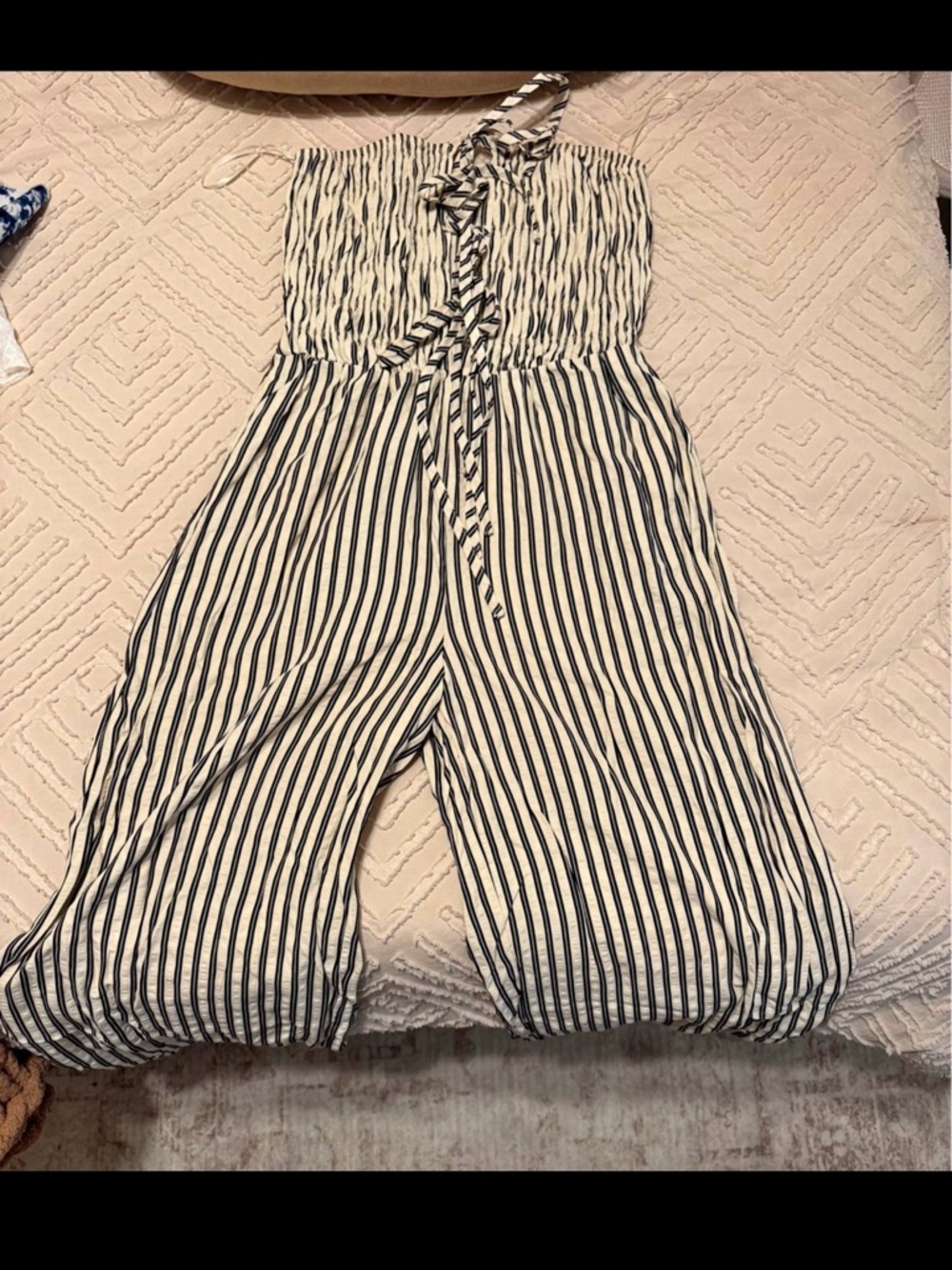 Missguided Black & Cream Strapless Wide-Leg Striped Jumpsuit - Picture 2 of 2